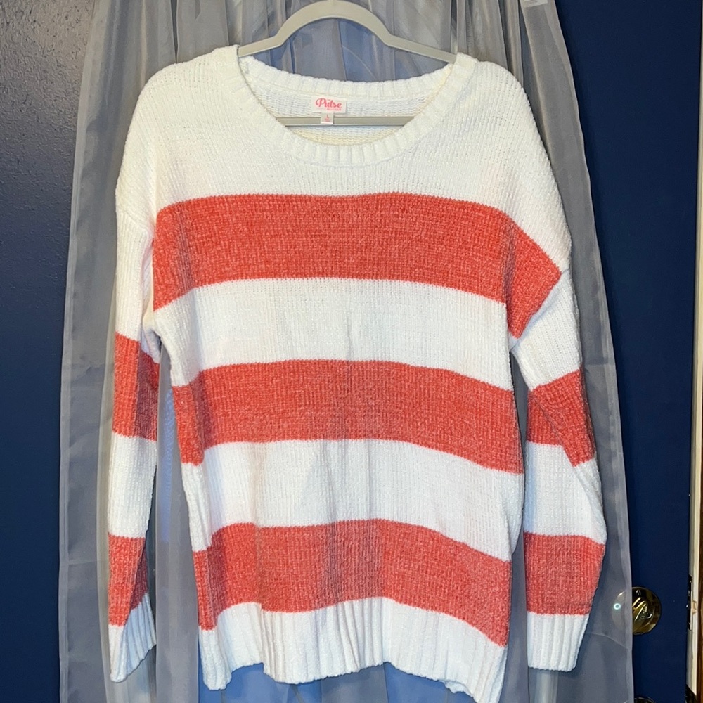 Pulse White and Coral Stripe Sweater